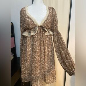 Free People Brown Floral Dress with Cream Accents